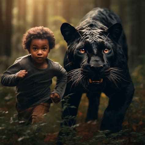 Un niño persiguiendo a una pantera negra Foto Premium