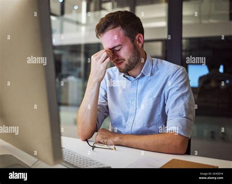 Burnout Stress And Tired Businessman With Mental Health Problems Struggling While Working