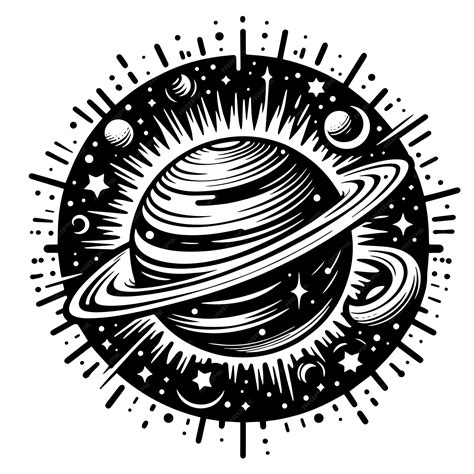 Un Dibujo En Blanco Y Negro De Un Planeta Con Un Planeta En El Medio Vector Premium