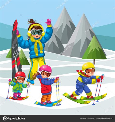 Cartoon family skiing in snowy hills together. mother with kids Stock ...