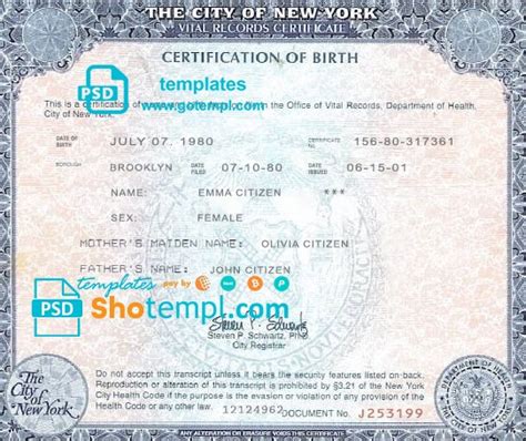 Usa New York State Birth Certificate Fake Template In Psd Format Fully