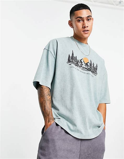 Asos Design Oversized Heavyweight T Shirt In Washed Blue With Landscape