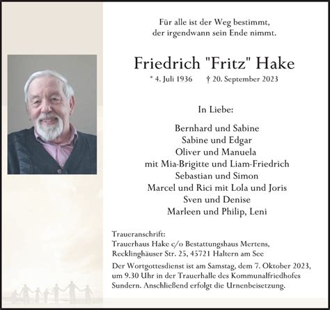 Traueranzeigen Von Friedrich Hake Sich Erinnern De