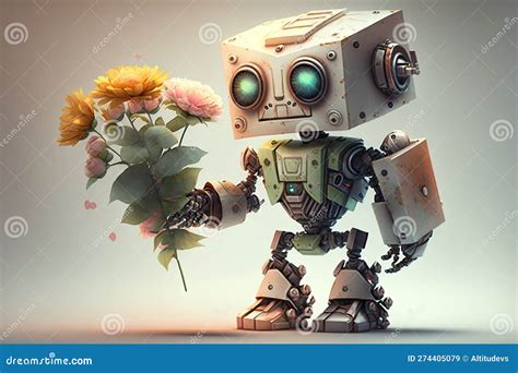 Cute Robot Surprises Person With Bouquet Of Flowers Bringing Joy And Happiness Stock