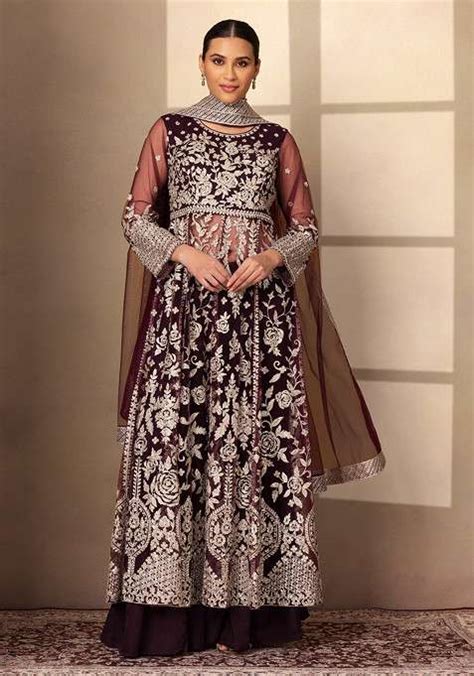 Buy Women Dark Purple Sharara Set With Floral Embellished Kurta And