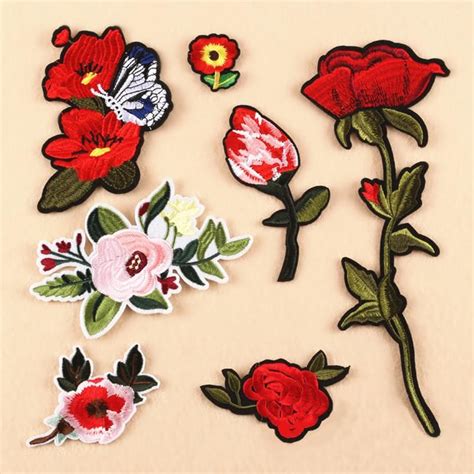 Nice Red Rose Flower Patch Embroidered Iron On Patches Applique Clothes Jacket Stickers Sew On