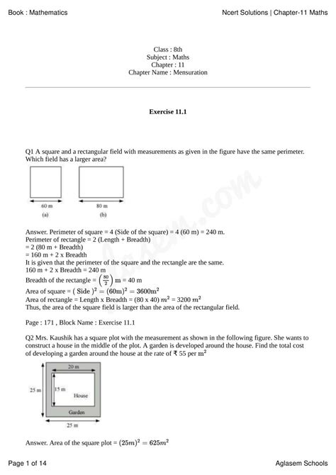 Ncert Solutions For Class Maths Chapter Mensuration Question