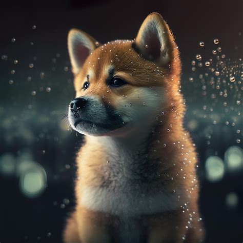 Um bebê shiba inu uma mancha branca no rosto está sentado em frente