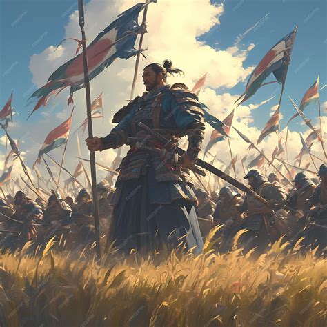 Premium Photo | Brave Warrior Leading Charge in Field of Flags