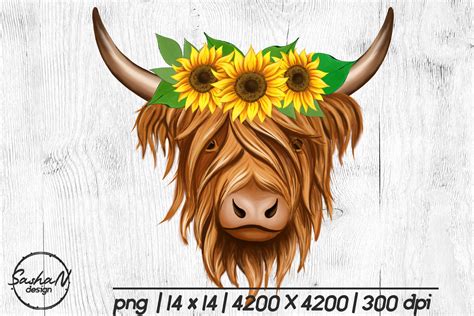 Highland Cow With Sunflower Crown Png Graphic By Sashanikart · Creative