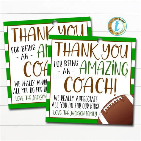 Football Coach Gift Tag School Sports Team Appreciation Thank You To