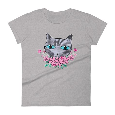 Women S Cute Cat T Shirt With Tabby Cat And Pink Flowers Cat Themed Clothes Cat Tshirt Cat Clothes