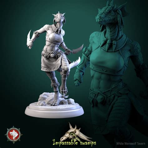 3d Printable Lizardfolk Woman Lizard Warriors Set 6 Miniatures 32mm Pre