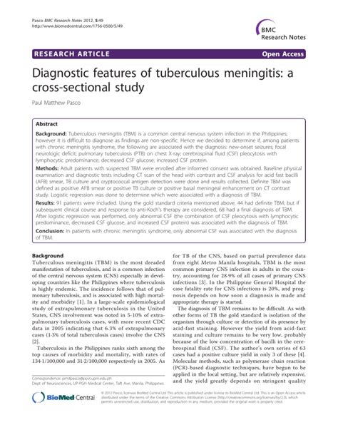 Diagnostic features of tuberculous meningitis A cr