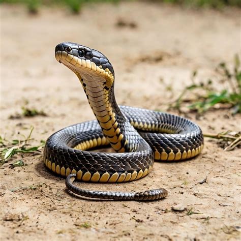 Una serpiente con cabeza negra y rayas amarillas está acostada en el