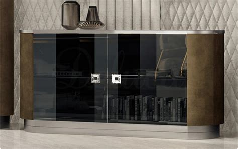 Ellisse Italian Designer Sideboard With Glass Doors Bronzed Leather Effect