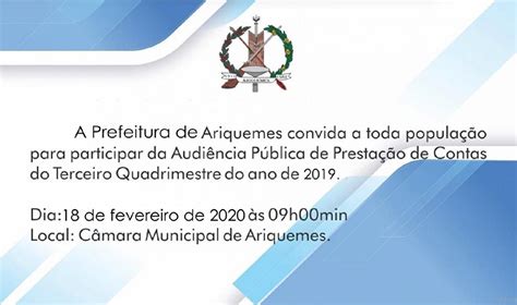 Prefeitura De Ariquemes Realizará Audiência Pública Para Apresentação