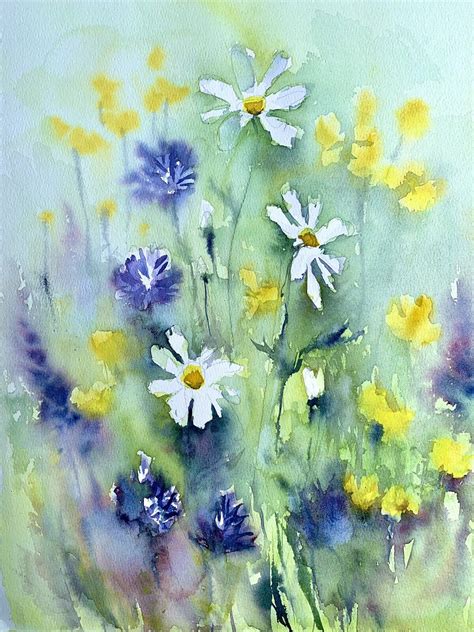 Original Aquarell Bild 40x30cm Wiesenblumen Kamille Kreative Geschenk