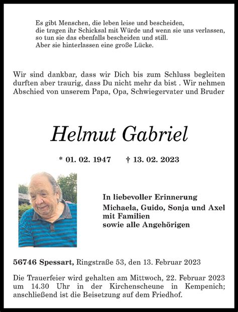 Traueranzeigen Von Helmut Gabriel Rz Trauer De