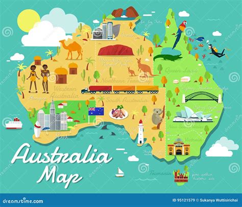 Mappa Dell Australia Con Progettazione Variopinta Dell Illustrazione Dei Punti Di Riferimento