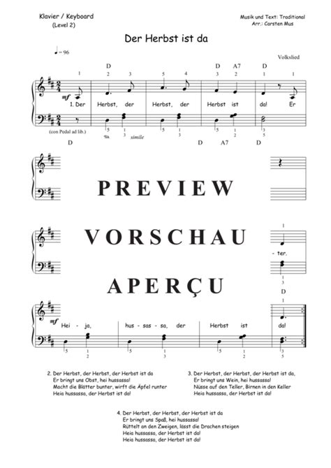 Der Herbst Ist Da Klavier Solo Pdf Noten Von Traditional In D Dur