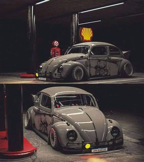 An Old Vw Bug Is Parked Next To A Gas Pump In A Garage At Night