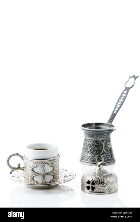 Turkish Coffee with Ibrik Isolated on White Stock Photo - Alamy