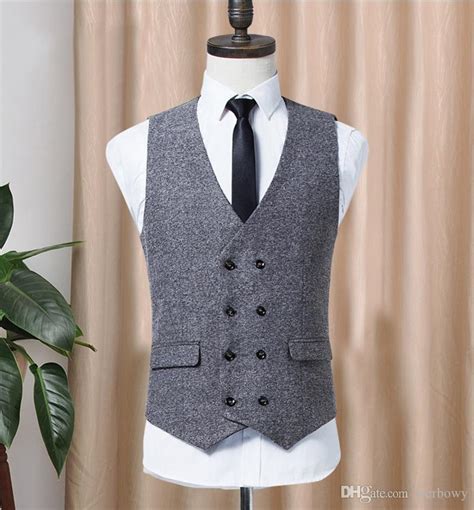 Custom Double Breasted Tweed Wool Herringbone Vest With Pockets Slim