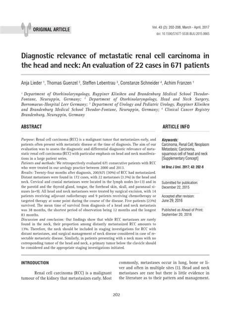 2017 Diagnostic Relevance of Metastatic Renal Cell Carcinoma in The ...