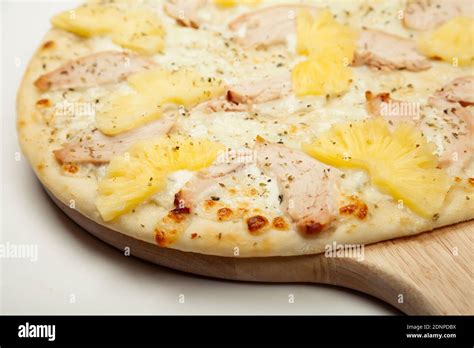 Texture Delicious Hawaiian Pizza Served On A Wooden Plate Ingredients