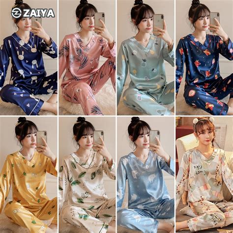 BERRY Women Long Sleeve Pyjamas Set Baju Tidur Perempuan Silk Satin