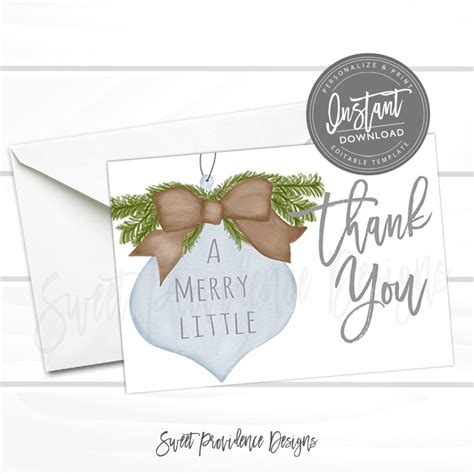 Christmas Thank You Card Editable Blue Ornament Baby Shower Thank You