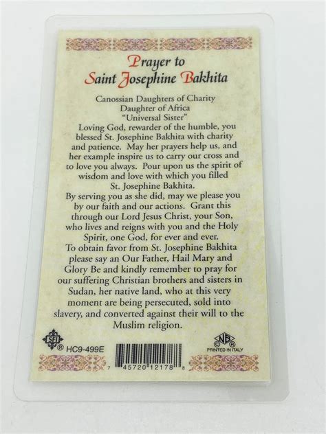 St Josephine Bakhita Laminated Holy Card Plastic Covered Unique Catholic Ts