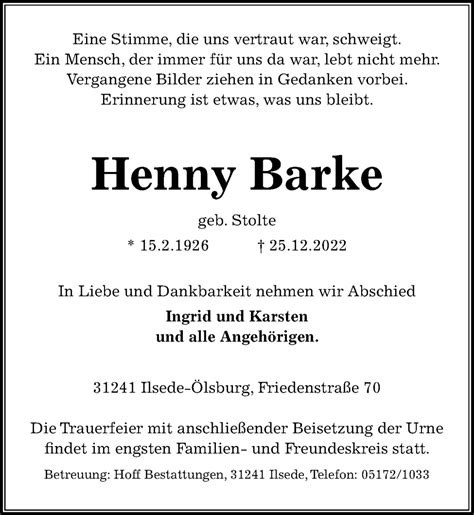 Traueranzeigen Von Henny Barke Trauer Anzeigen De