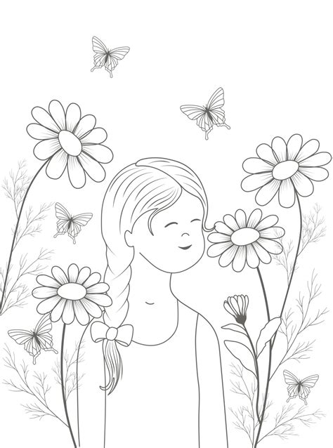 A Girl In Flowers Coloring Book Summer Coloring Pages Vector