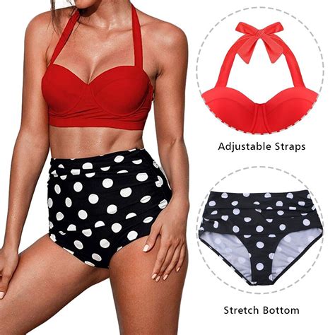 Retro Polka Dot High Waist Split Swimsuit Push Up Bikini Set For Women