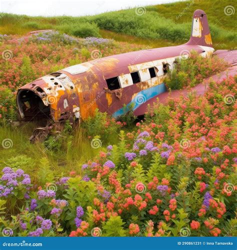 Old Rusty Abandoned Crashed Plane In Meadow With Flowers On Bright