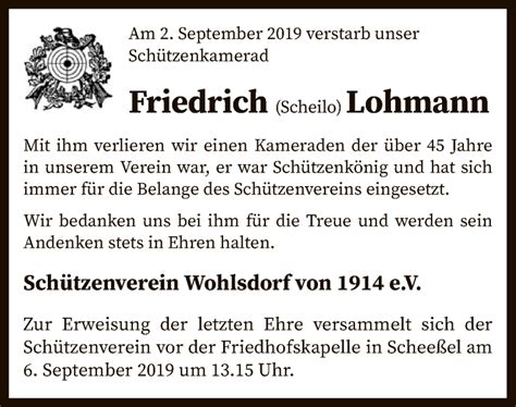 Traueranzeigen Von Friedrich Lohmann Trauer Kreiszeitung De