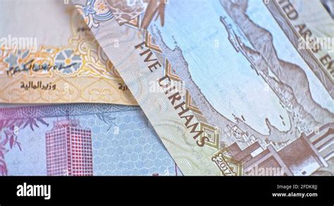 United Arab Emirates Five Dirham Banknote Uae Emirati Money Closeup