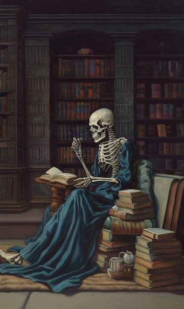 Premium Photo Arafed Skeleton Sitting On A Chair Reading A Book In A