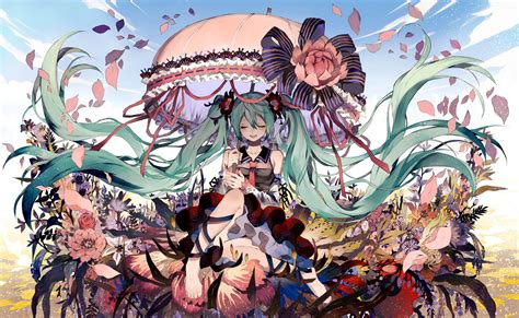 Vocaloid Aqua Hair Barefoot Blush Dress Flowers Hatsune Miku