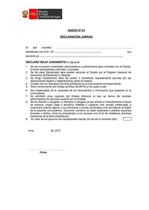 Declaraciones Juradas Cas Anexo Nº 01 DeclaraciÓn Jurada El Que