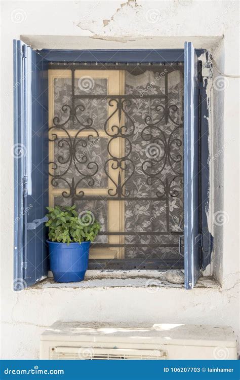 Open Shuttered Window Mykonos Greece Stock Image Image Of Mykonos