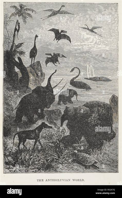 "The Antediluvian world". Illustration showing prehistoric animals. A ...