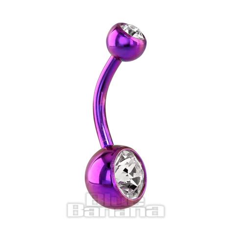 Blue Banana Coloured Titanium 1 6mm Purple Double Jewelled Navel Bar