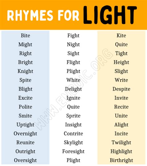 Words That Rhyme With Light Light Rhyme Words EngDic