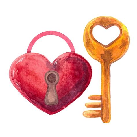 Premium Photo Watercolor Of Red Heart Shaped Padlock And A Golden Key