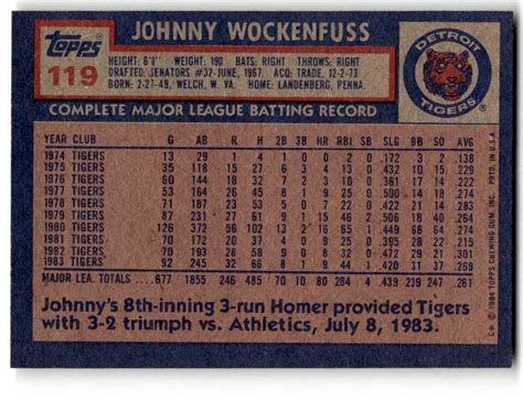 1984 Topps Johnny Wockenfuss Detroit Tigers 119 EBay