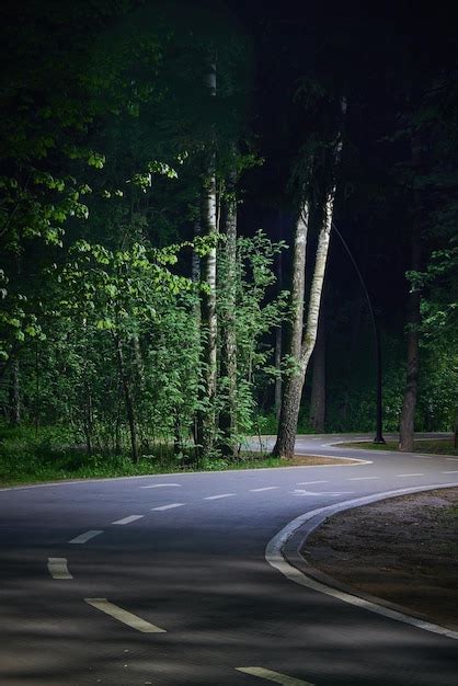 Premium Photo Night Asphalt Footpath In Park Lighted By Street Lamp