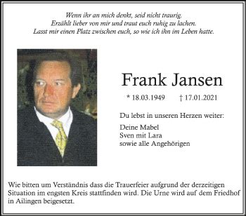 Traueranzeigen Von Frank Jansen Schwaebische De Trauerportal